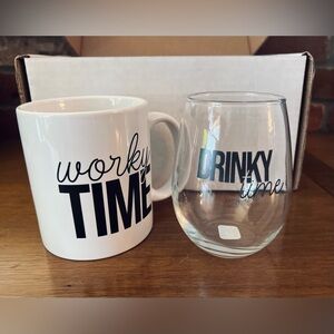 Worky + Drinky Time • Coffee Mug & Stemless Wine Glass Fun 2pc Gift Set NEW NIB